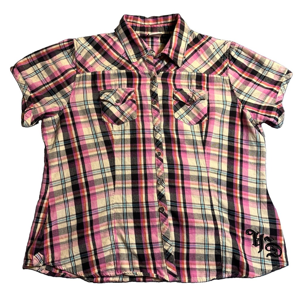 Harley-Davidson Button Up Shirt Womens Pink Plaid Embroidered Excellent Short 1W